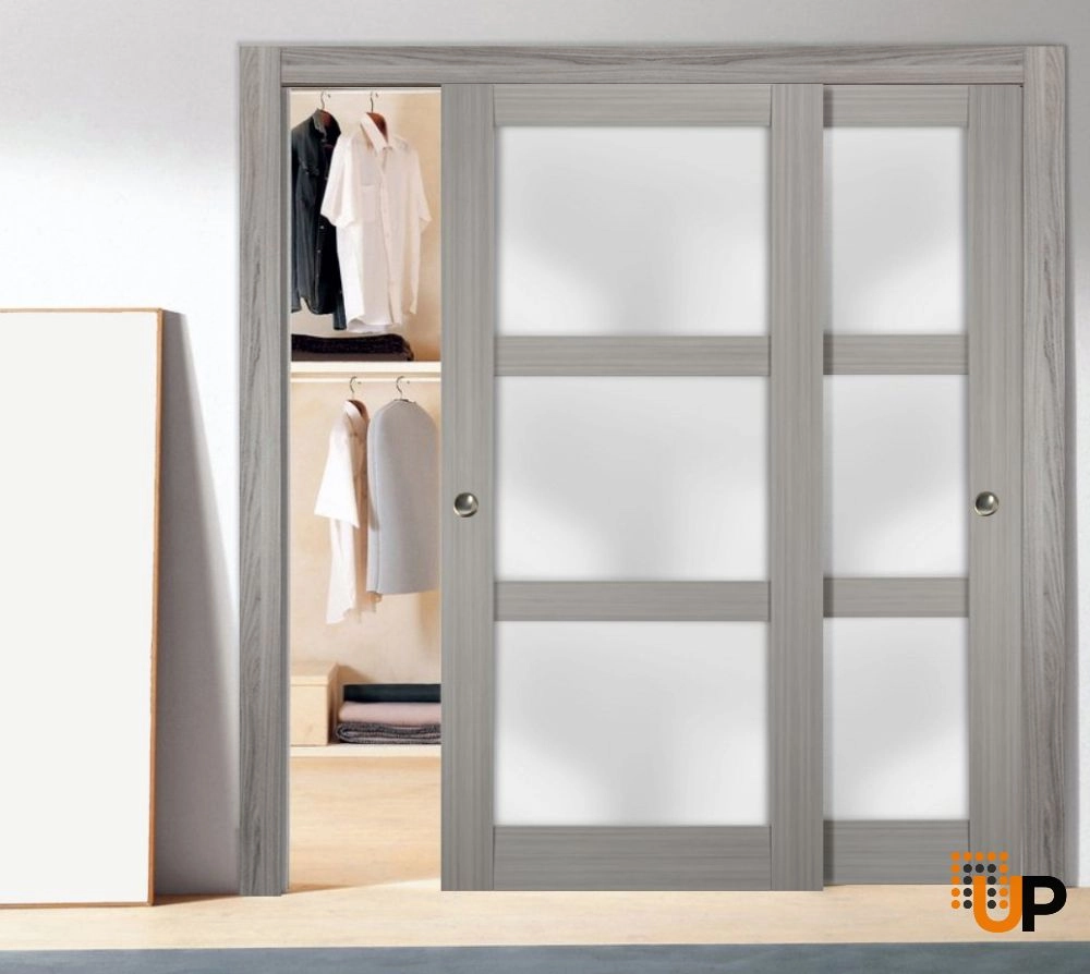 Double solid core sliding luxury interior closet bypass door with frosted glass | Lucia 2552 Ginger Ash | 36 x 80 (2* 18x80) photo#2