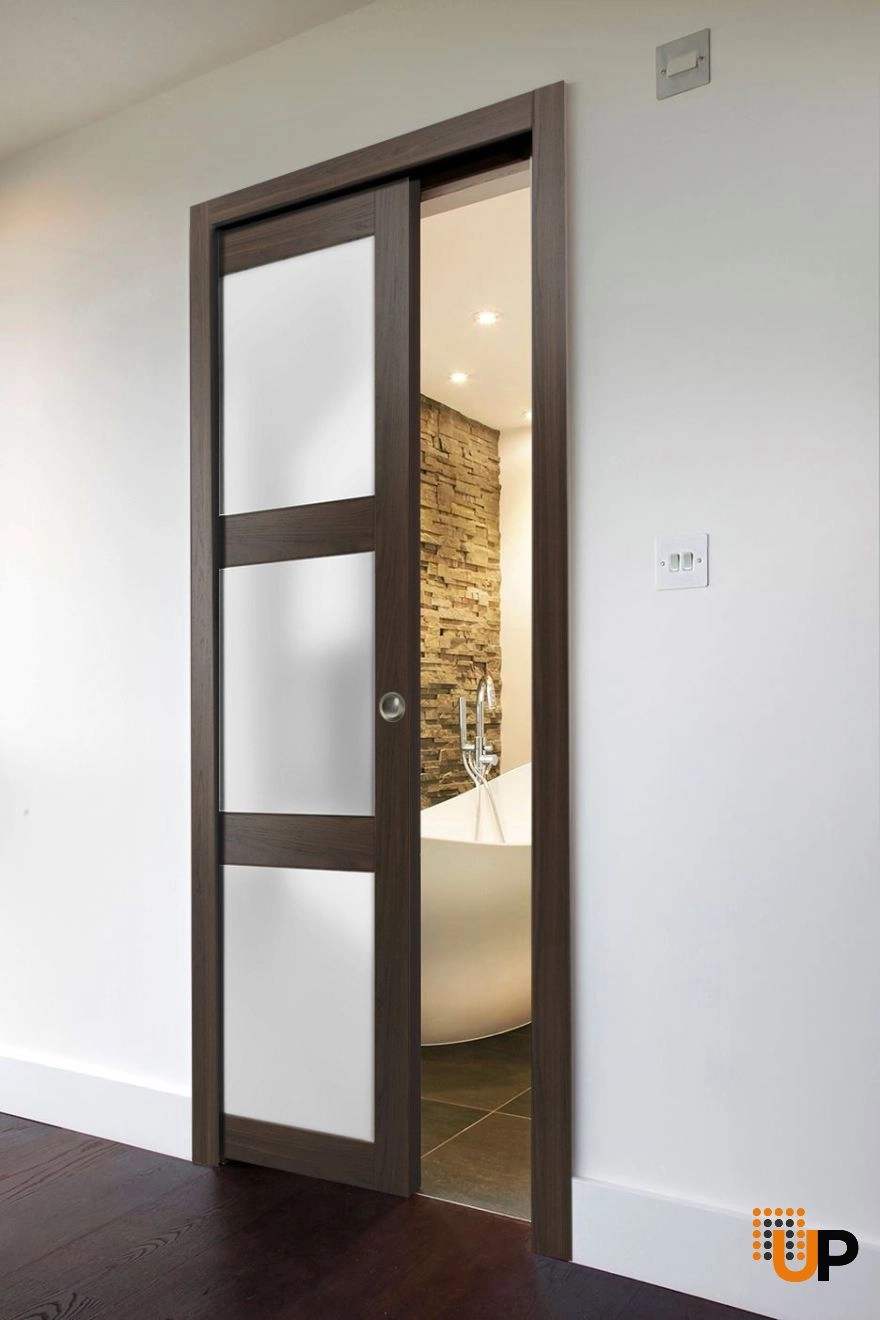 Single solid core sliding luxury interior pocket door with frosted glass | Lucia 2552 Chocolate Ash | 18 x 80 photo#2