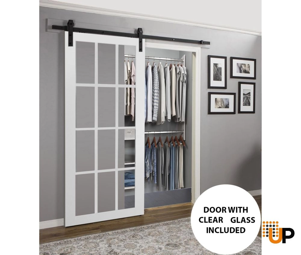 Single solid core sliding classic interior barn door with clear glass | Felicia 3355 White | 18 x 80 photo#2