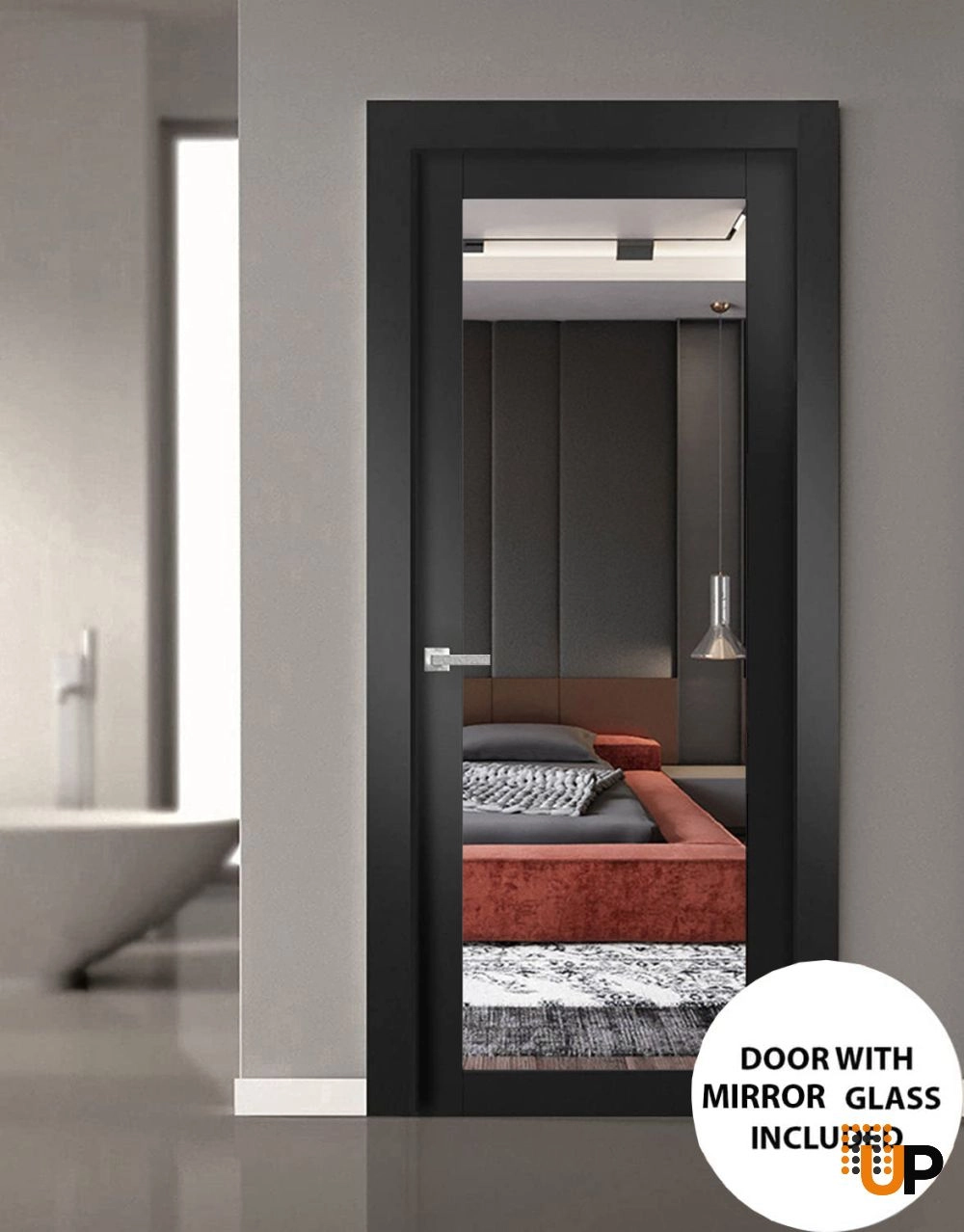 Single solid core luxury interior swing door with mirror glass | Lucia 1299 Black Matte | 18 x 80 photo#2