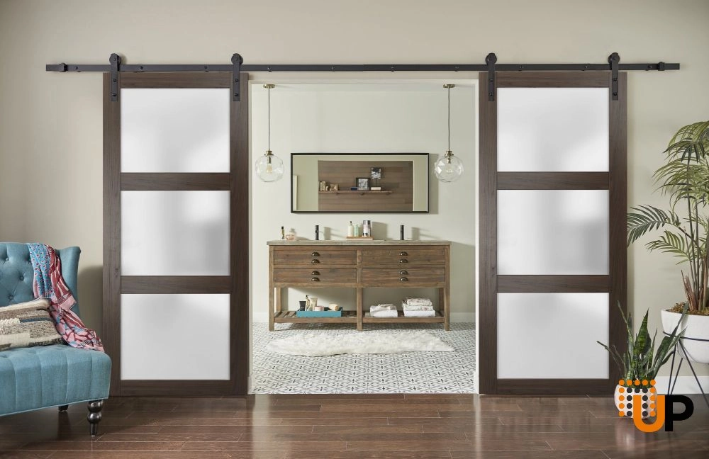 Double solid core sliding french interior barn double door with frosted glass | Lucia 2552 Chocolate Ash | 36 x 80 (2* 18x80) photo#2