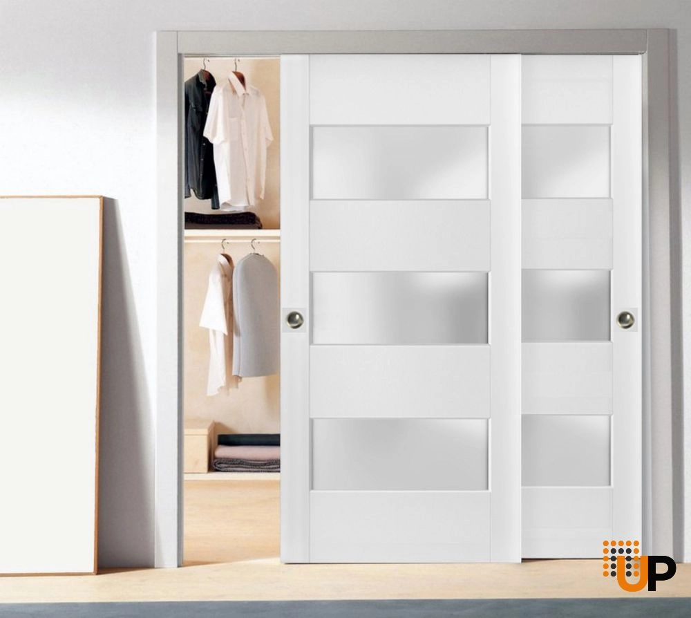 Double solid core sliding interior closet bypass door with frosted glass | Lucia 4070 White | 36 x 80 (2* 18x80) photo#2