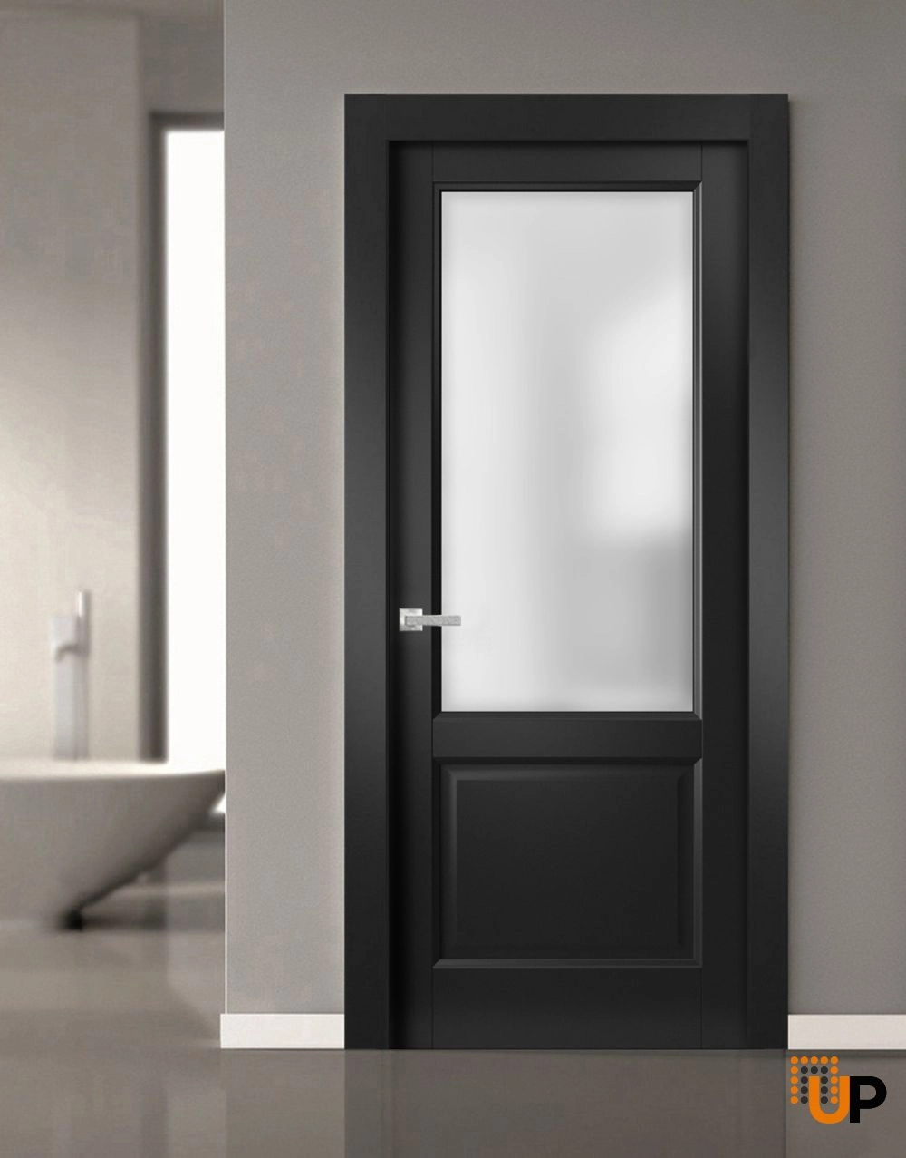 Single solid core classic interior door slab with frosted glass | Lucia 22 Black Matte | 18 x 80 photo#2