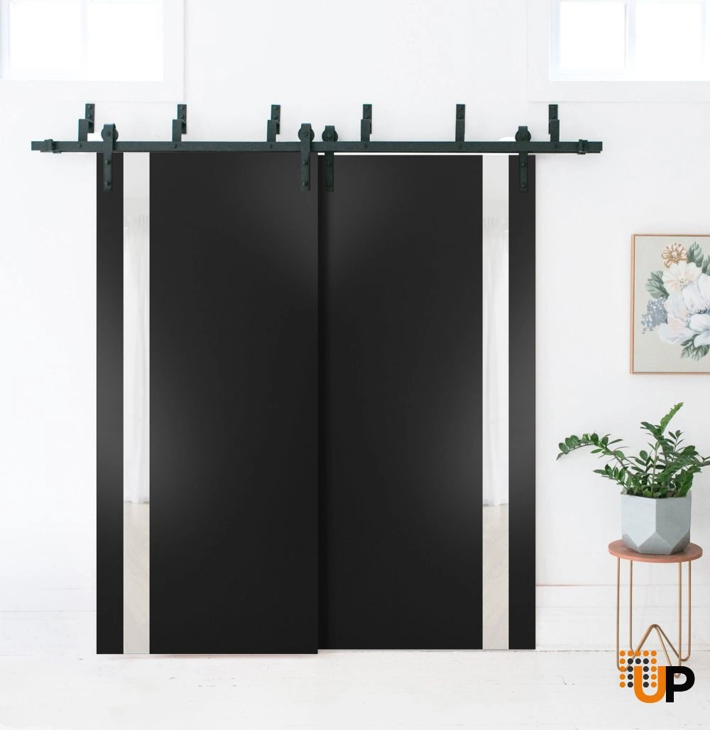 Double solid core sliding interior barn bypass door with frosted glass | Planum 0040 Black Matte | 36 x 80 (2* 18x80) photo#2
