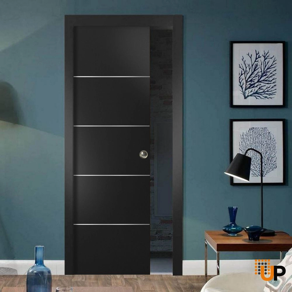 Single solid wood with honeycomb sliding modern interior pocket door | Planum 0020 Black Matte | 18 x 80 photo#2