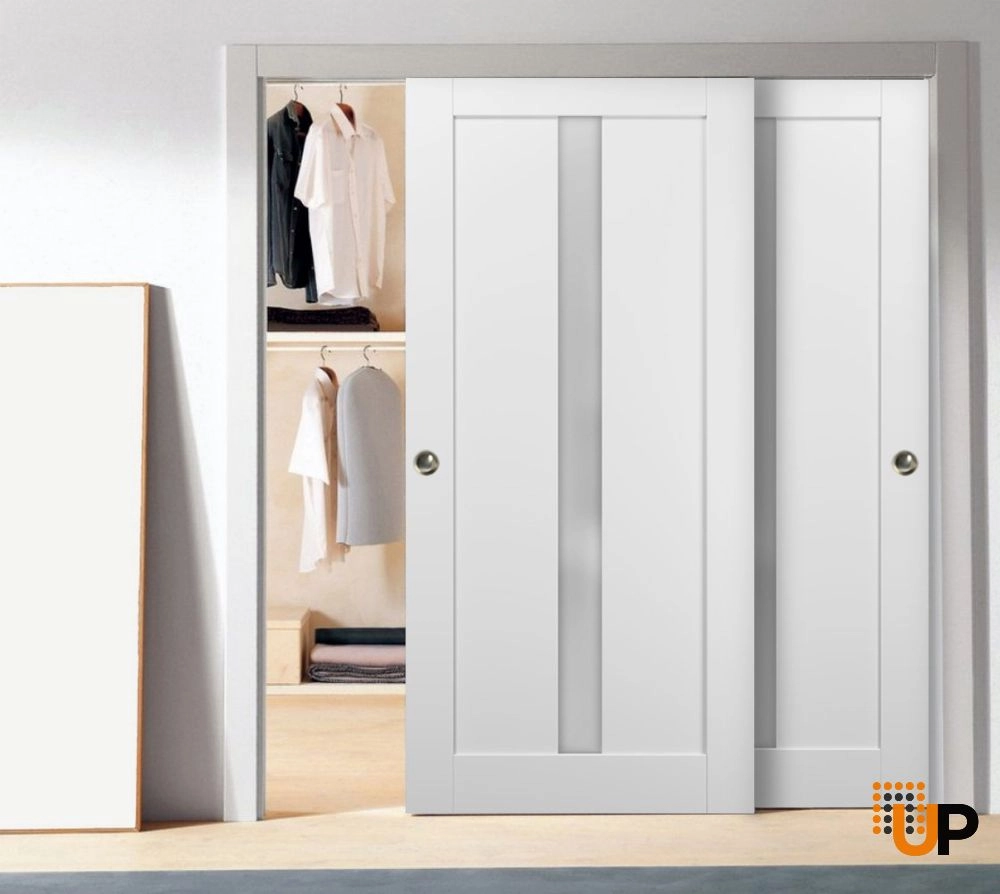 Double mdf sliding interior closet bypass door with frosted glass | Quadro 4112 White | 36 x 80 (2* 18x80) photo#2