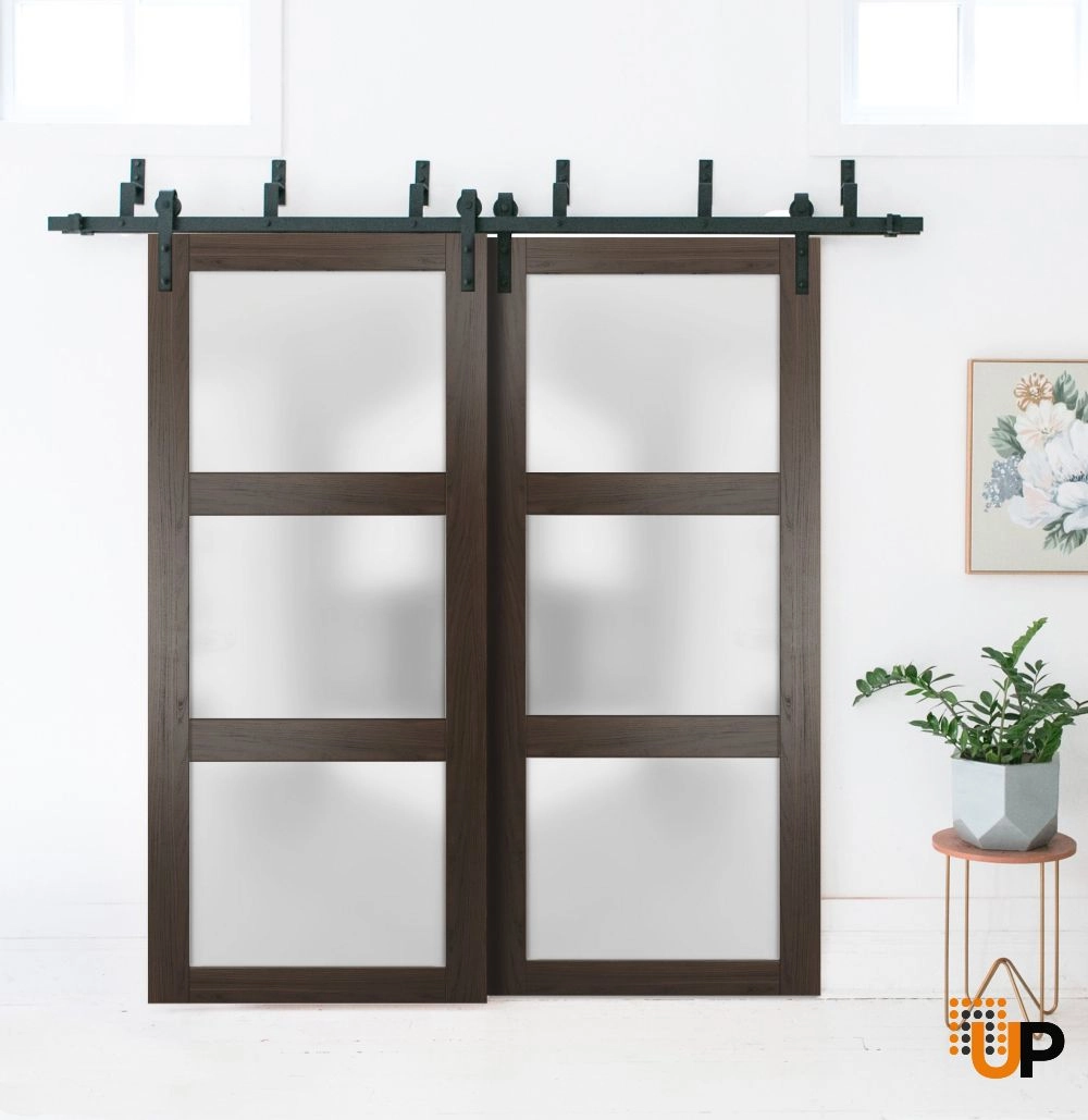 Double solid core sliding luxury interior barn bypass door with frosted glass | Lucia 2552 Chocolate Ash | 36 x 80 (2* 18x80) photo#2