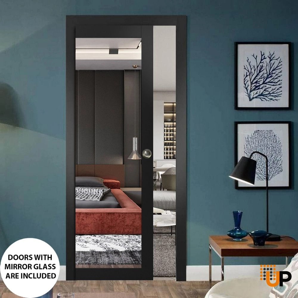 Single solid core luxury interior door slab with mirror glass | Lucia 1299 Black Matte | 18 x 80 photo#2