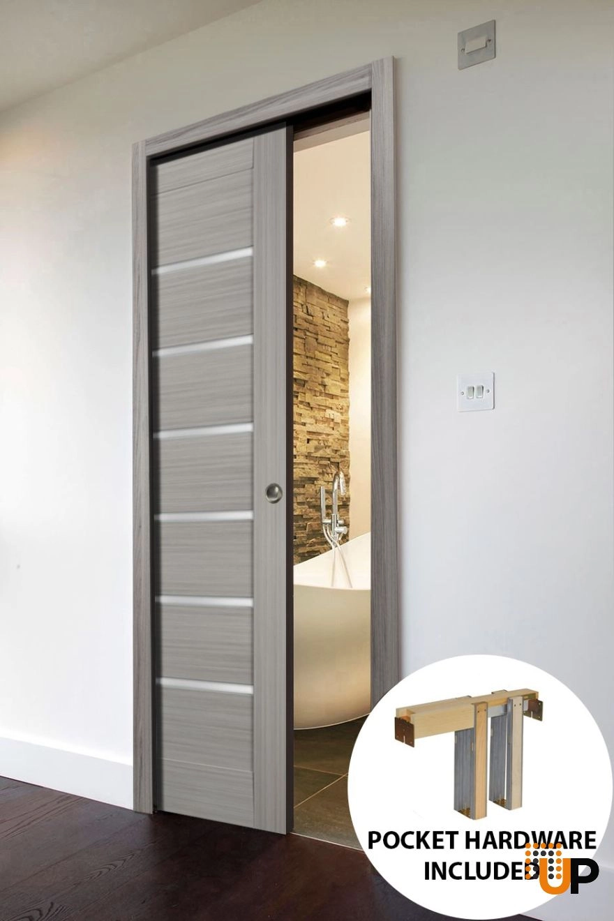 Single mdf sliding modern interior pocket door with frosted glass | Quadro 4088  Ginger Ash | 18 x 80 photo#2