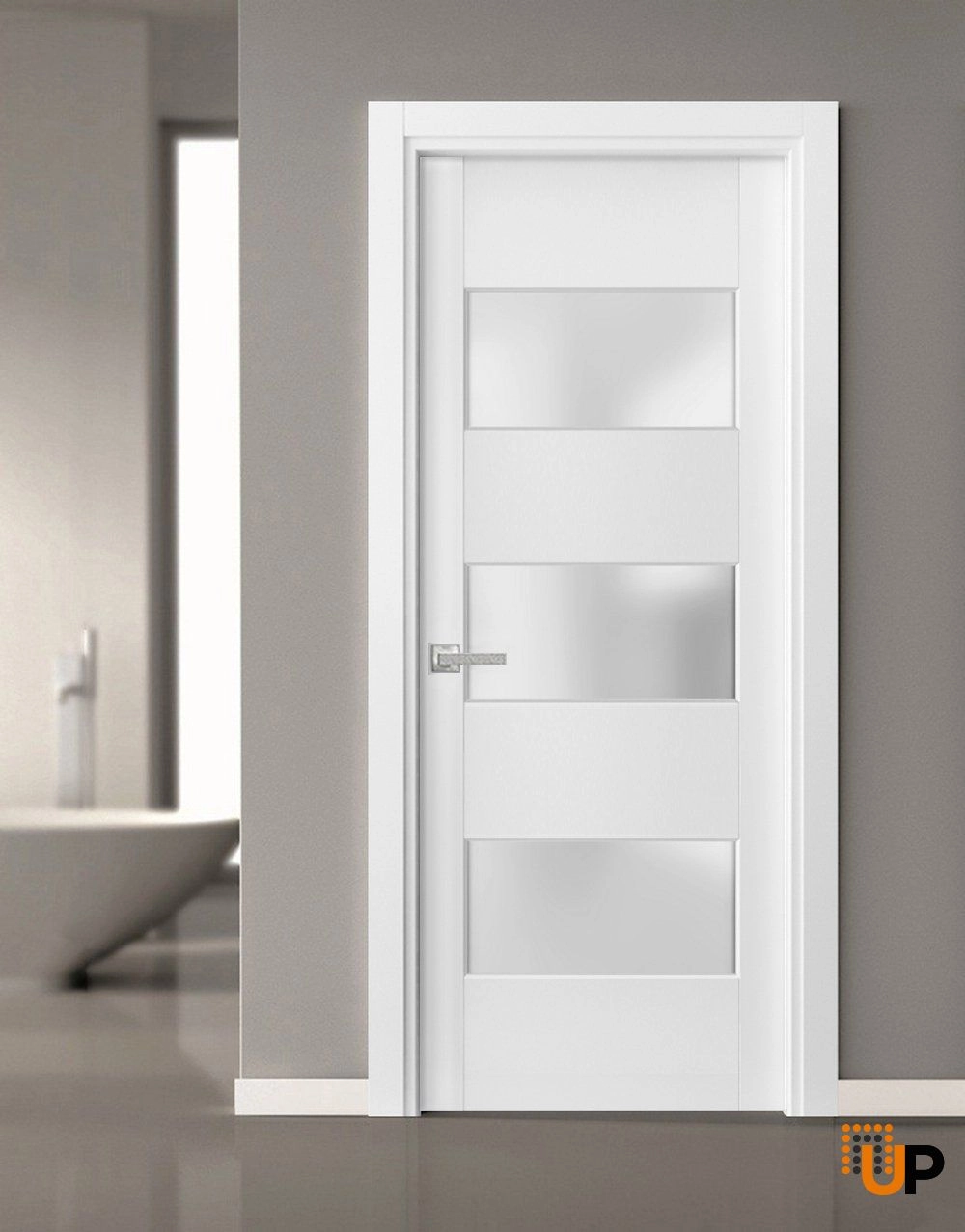 Single solid core modern interior swing door with frosted glass | Lucia 4070 White | 18 x 80 photo#2