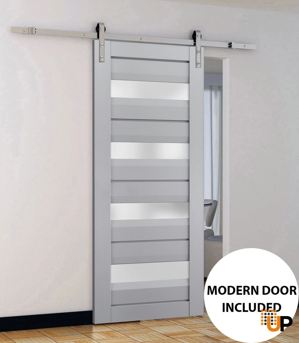 Single laminate sliding modern interior barn door with frosted glass | Veregio 7455 Matte Grey | 18 x 80 photo#2