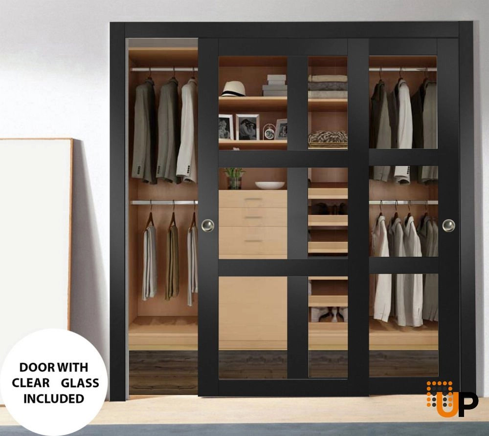 Double solid core sliding luxury interior closet bypass door with clear glass | Lucia 2555 Black Matte | 36 x 80 (2* 18x80) photo#2