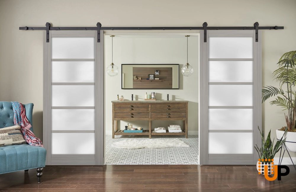 Double mdf sliding french interior barn double door with frosted glass | Quadro 4002  Ginger Ash | 36 x 80 (2* 18x80) photo#2