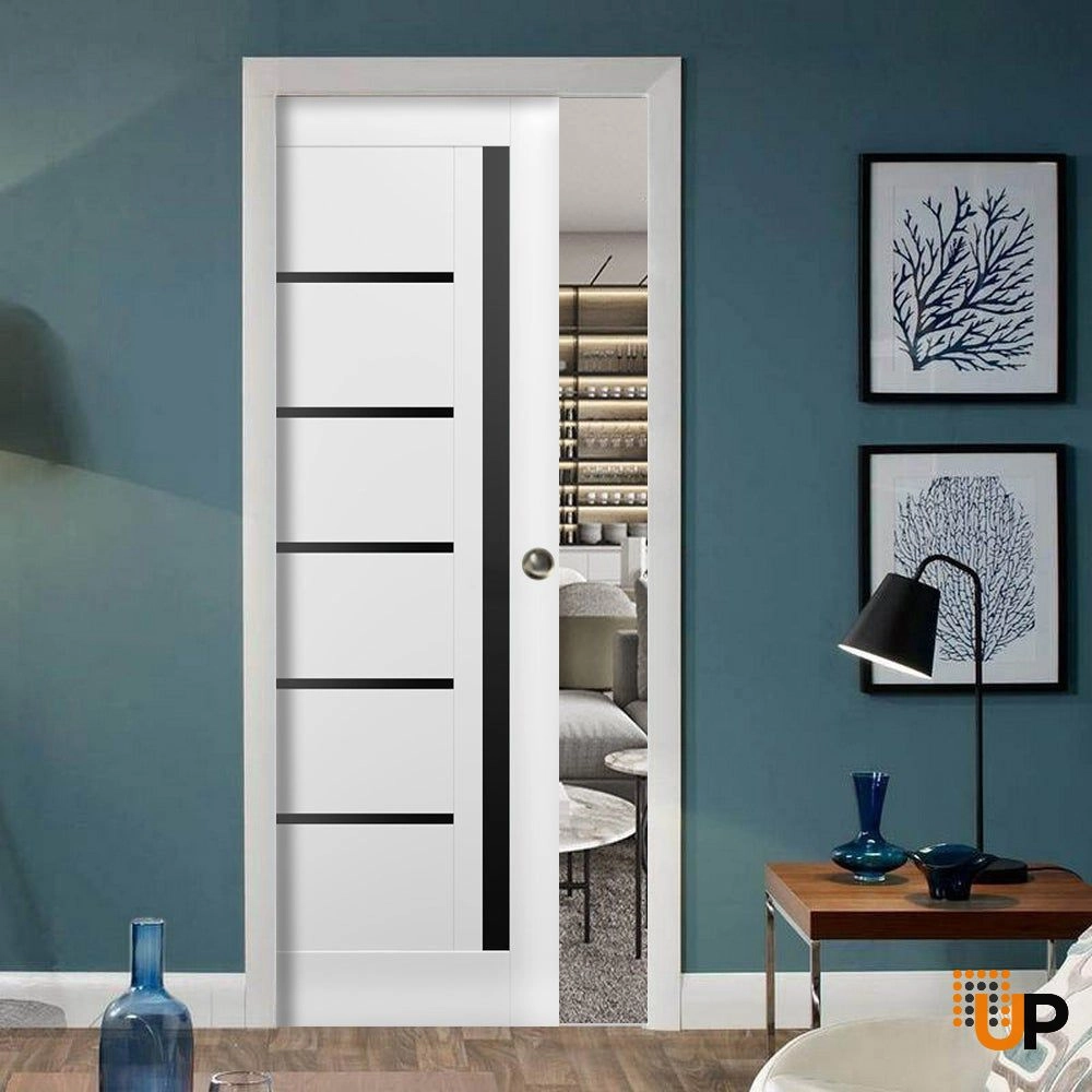 Single mdf sliding modern interior pocket door with black glass | Quadro 4588 White | 28 x 84 photo#2