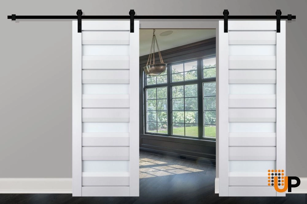 Double laminate sliding french interior barn double door with frosted glass | Veregio 7455 White | 36 x 80 (2* 18x80) photo#2