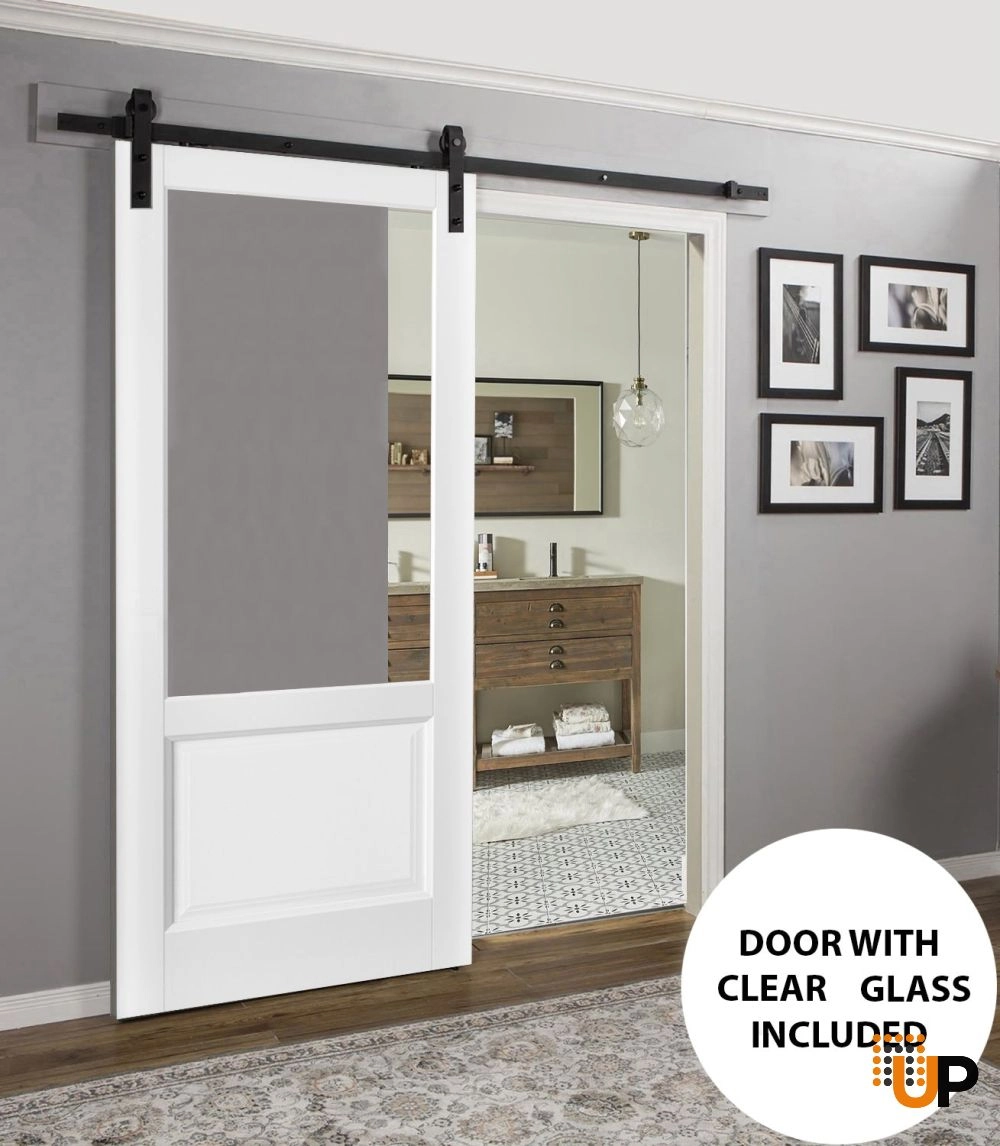 Single solid core sliding classic interior barn door with clear glass | Lucia 1533 White | 18 x 80 photo#2