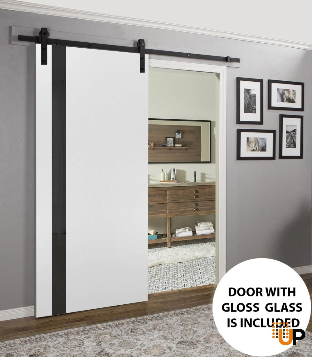 Single solid core sliding interior barn door with black glass | Planum 0040 White | 18 x 80 photo#2