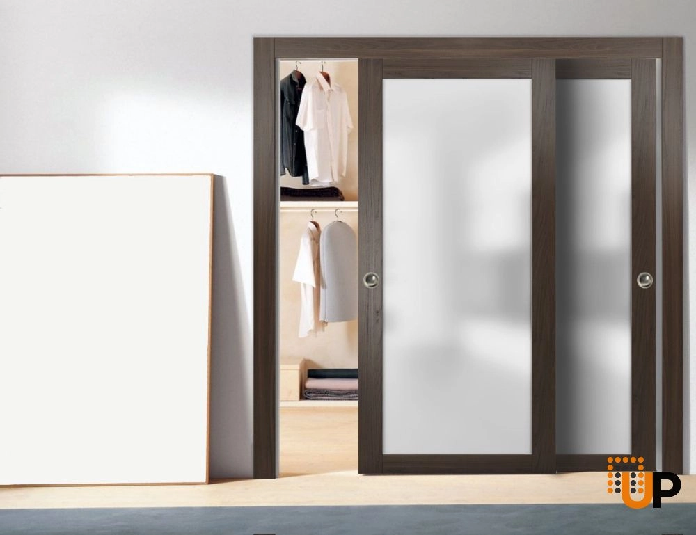 Double solid core sliding luxury interior closet bypass door with frosted glass | Planum 2102 Chocolate Ash | 36 x 80 (2* 18x80) photo#2