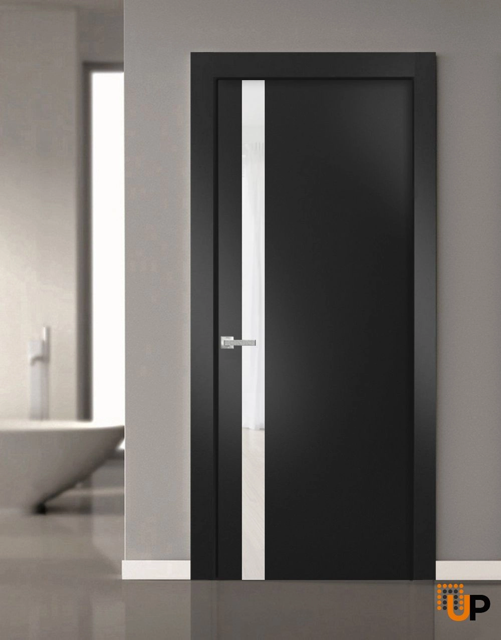 Single solid core interior door slab with frosted glass | Planum 0040 Black Matte | 18 x 80 photo#2