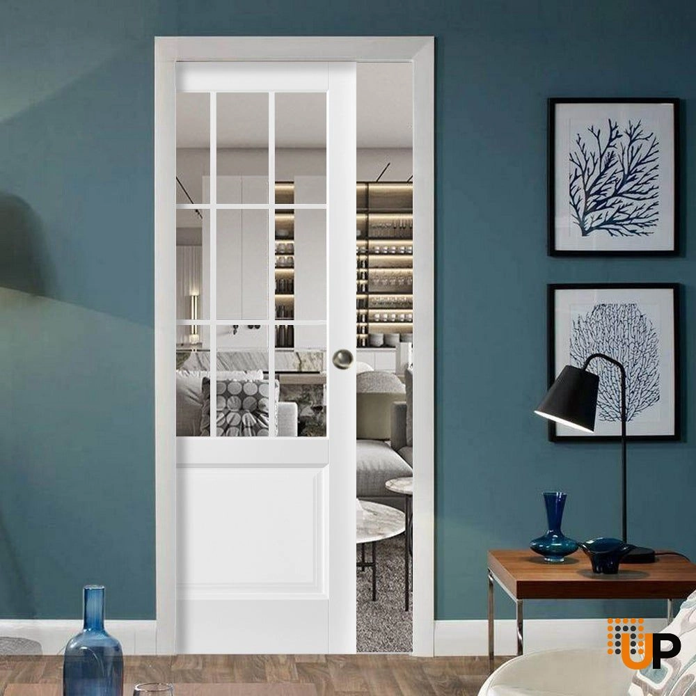 Single solid core sliding classic interior pocket door with clear glass | Felicia 3599 White | 18 x 80 photo#2
