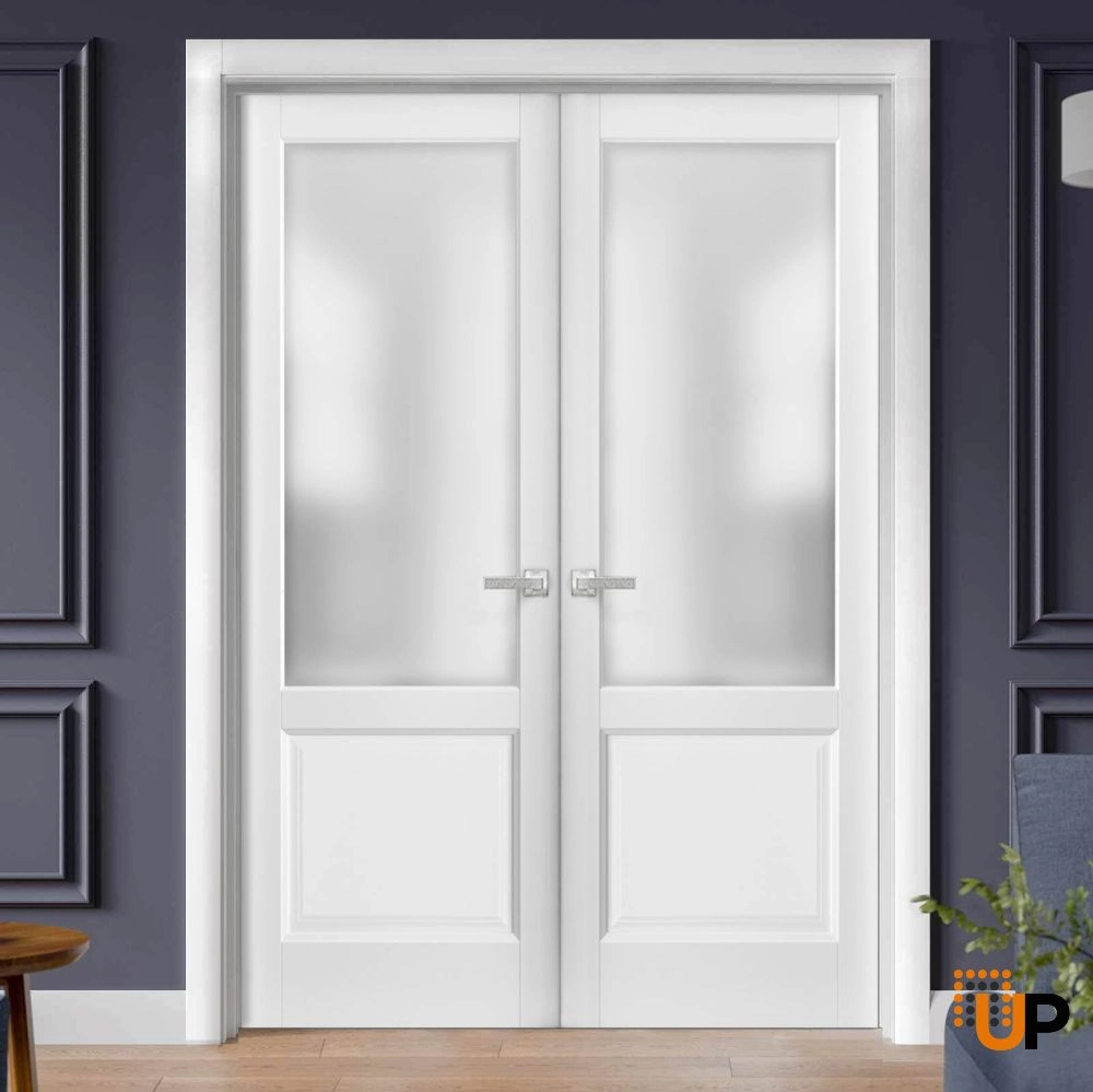 Double solid core french interior swing double door with frosted glass | Lucia 22 White | 36 x 80 (2* 18x80) photo#2