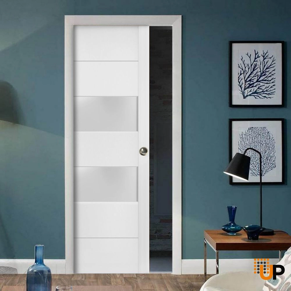 Single solid core sliding interior pocket door with frosted glass | Lucia 4010 White | 18 x 80 photo#2