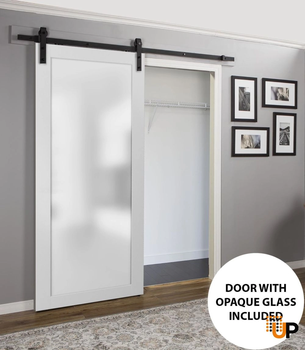 Single solid core sliding luxury interior barn door with frosted glass | Planum 2102 White | 18 x 80 photo#2