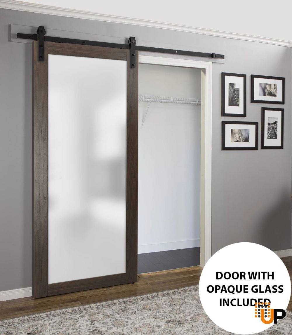 Single solid core sliding luxury interior barn door with frosted glass | Planum 2102 Chocolate Ash | 18 x 80 photo#2