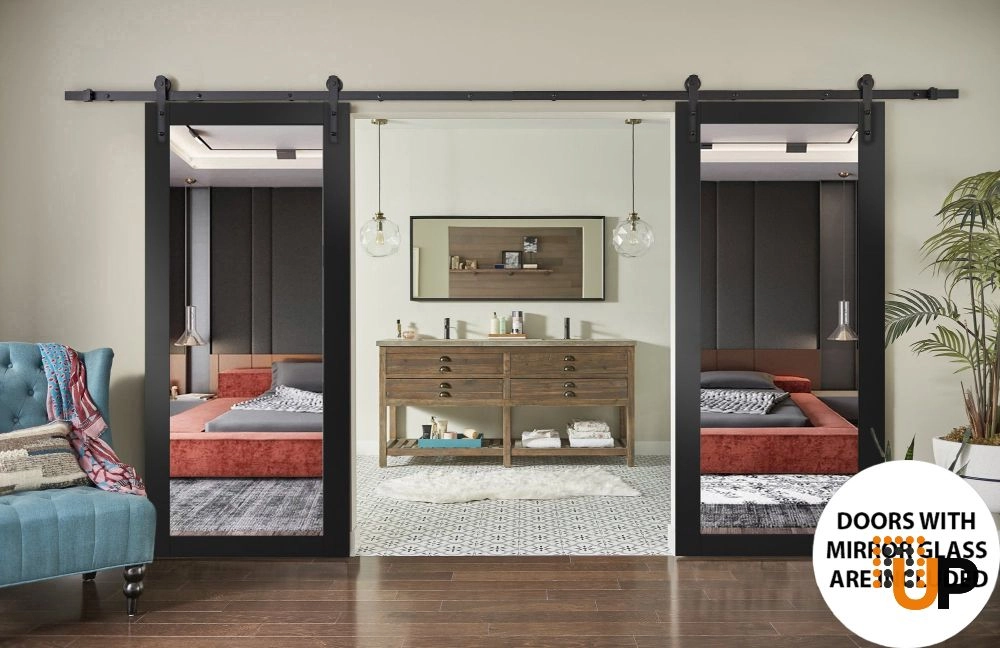 Double solid core sliding french interior barn double door with mirror glass | Lucia 1299 Black Matte | 36 x 80 (2* 18x80) photo#2