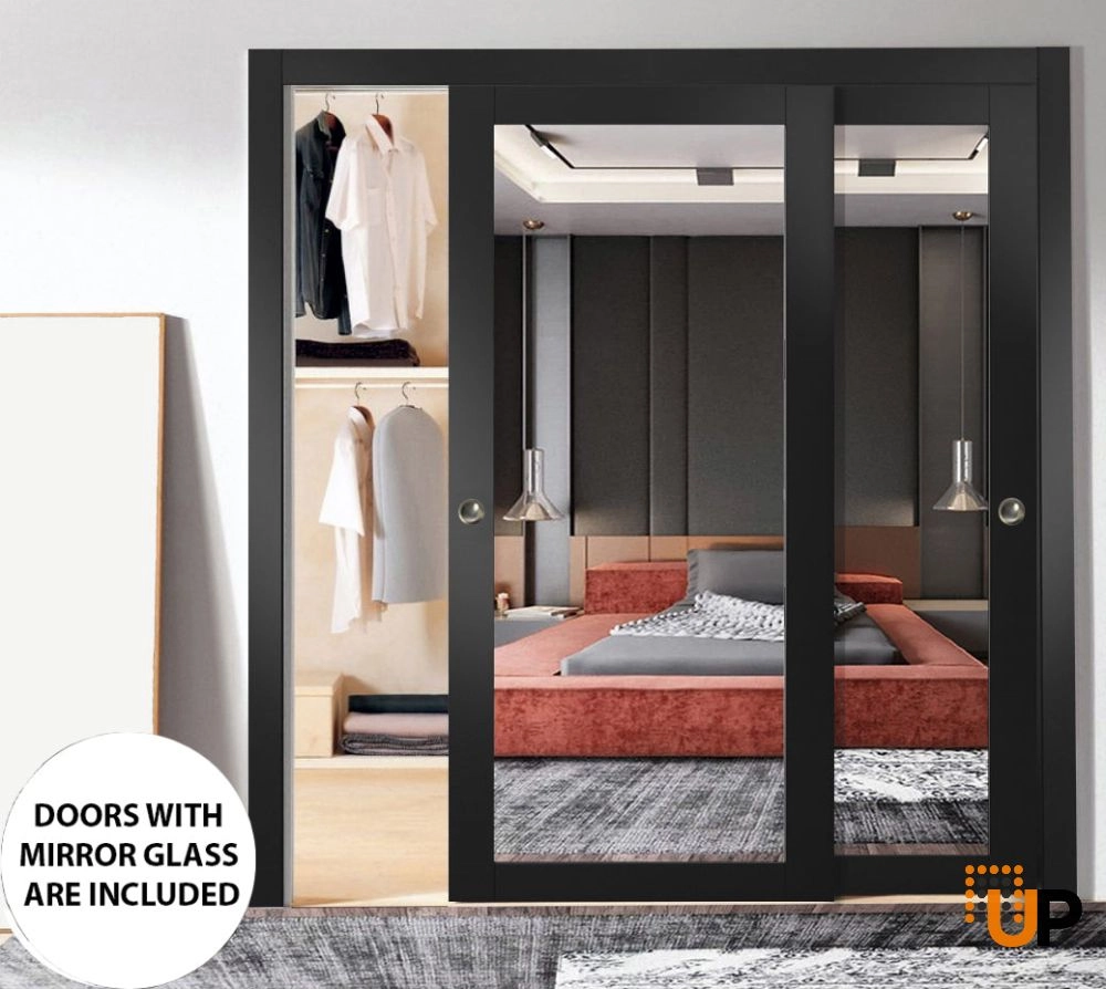 Double solid core sliding luxury interior closet bypass door with mirror glass | Lucia 1299 Black Matte | 36 x 80 (2* 18x80) photo#2