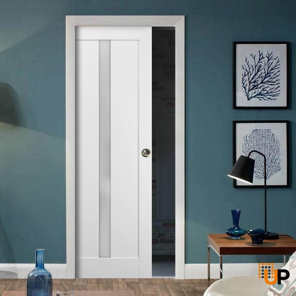 Single mdf sliding interior pocket door with frosted glass | Quadro 4112 White | 18 x 80 photo#2
