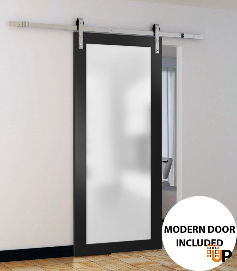 Single solid core sliding luxury interior barn door with frosted glass | Planum 2102 Black Matte | 18 x 80 photo#2