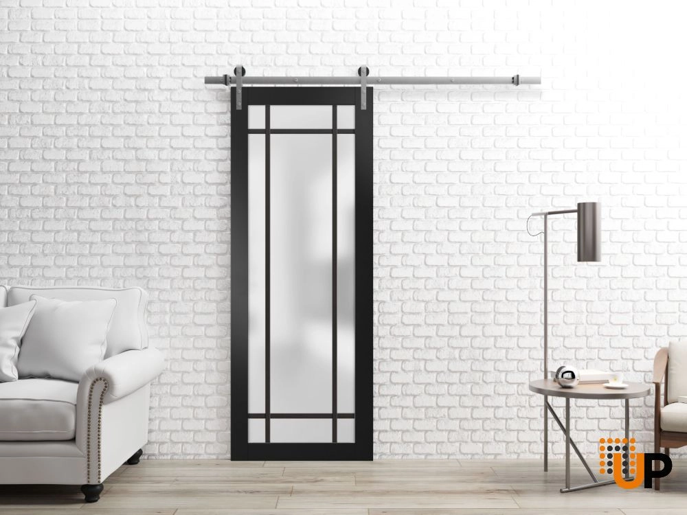 Single solid core sliding luxury interior barn door with frosted glass | Planum 2112 Black Matte | 18 x 80 photo#2
