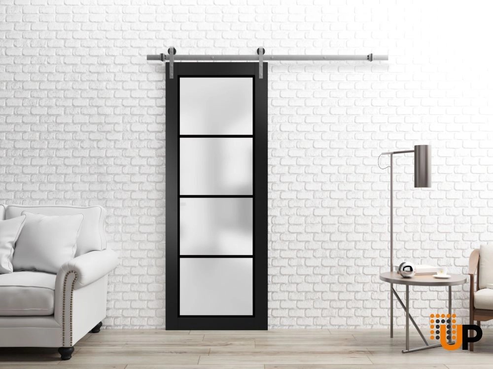 Single solid core sliding luxury interior barn door with frosted glass | Planum 2132 Black Matte | 18 x 80 photo#2