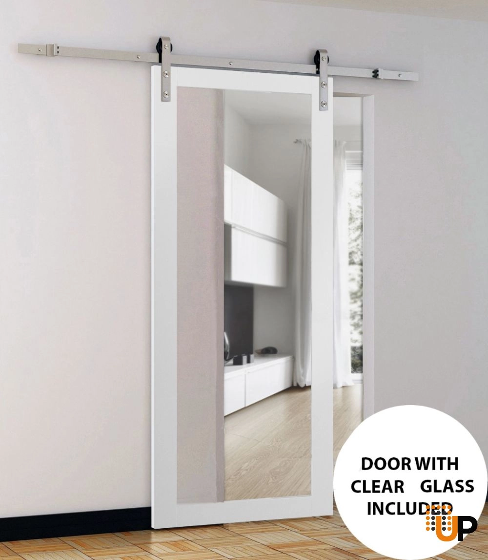 Single solid core sliding luxury interior barn door with clear glass | Lucia 2166 White | 18 x 80 photo#2