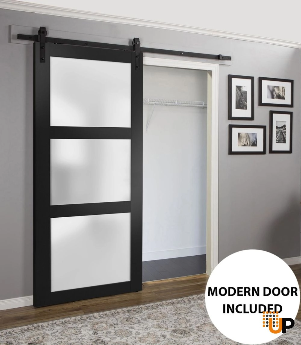 Single solid core sliding luxury interior barn door with frosted glass | Lucia 2552 Black Matte | 18 x 80 photo#2