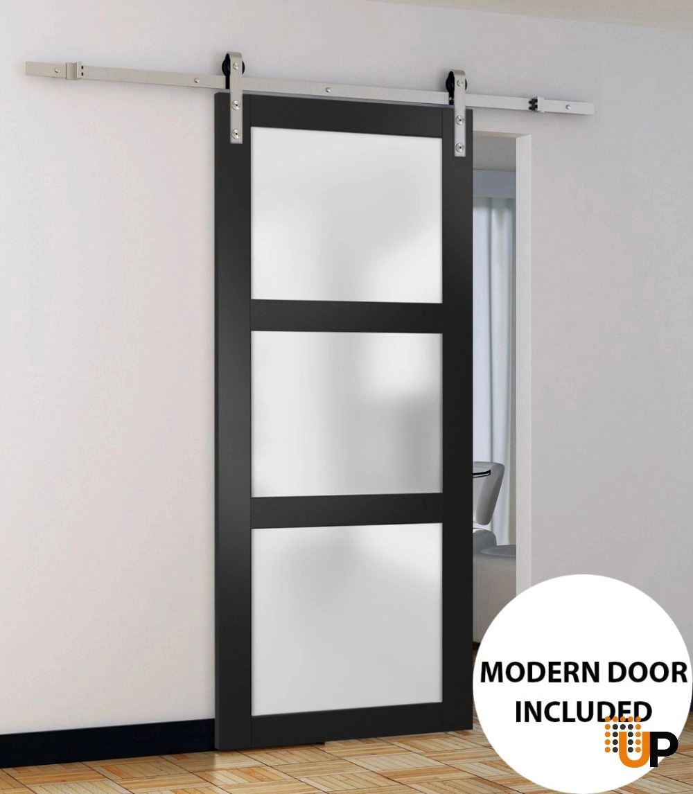 Single solid core sliding luxury interior barn door with frosted glass | Lucia 2552 Black Matte | 18 x 80 photo#3