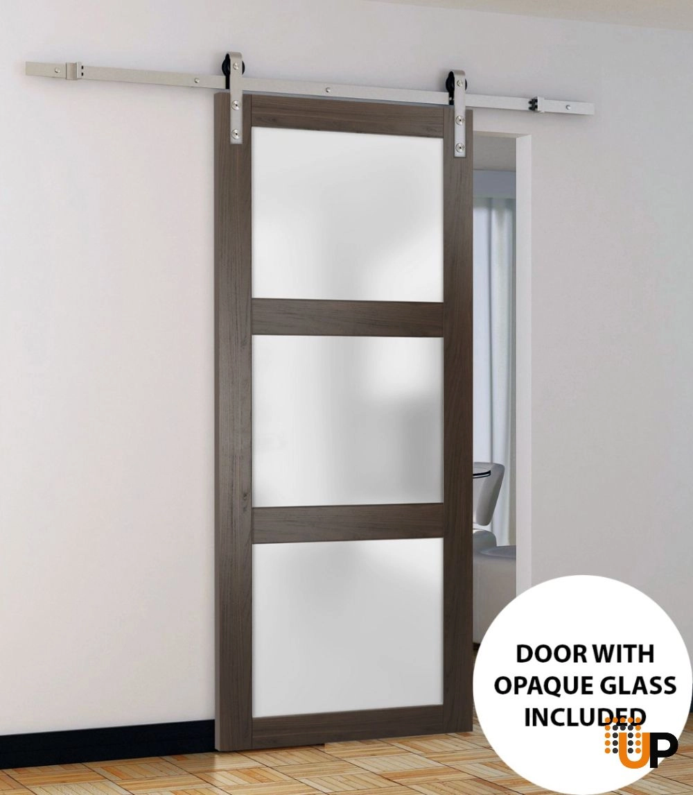 Single solid core sliding luxury interior barn door with frosted glass | Lucia 2552 Chocolate Ash | 18 x 80 photo#2