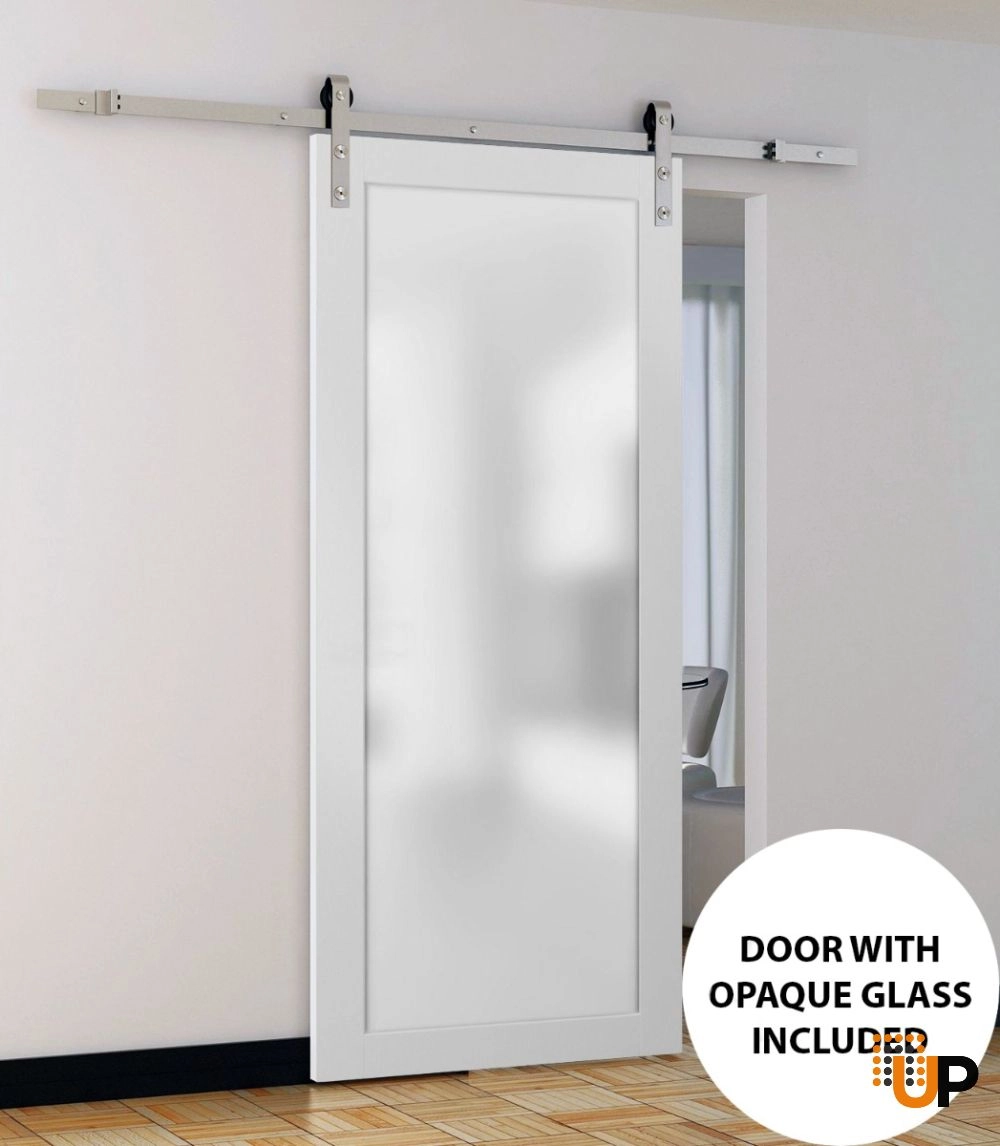 Single solid core sliding luxury interior barn door with frosted glass | Planum 2102 White | 18 x 80 photo#2