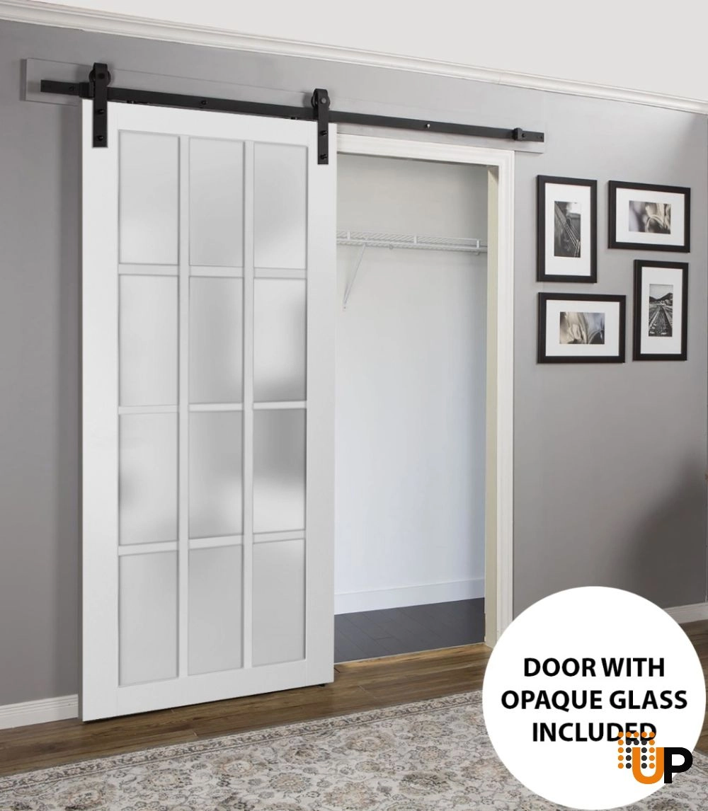 Single solid core sliding classic interior barn door with frosted glass | Felicia 3312 White | 18 x 80 photo#2