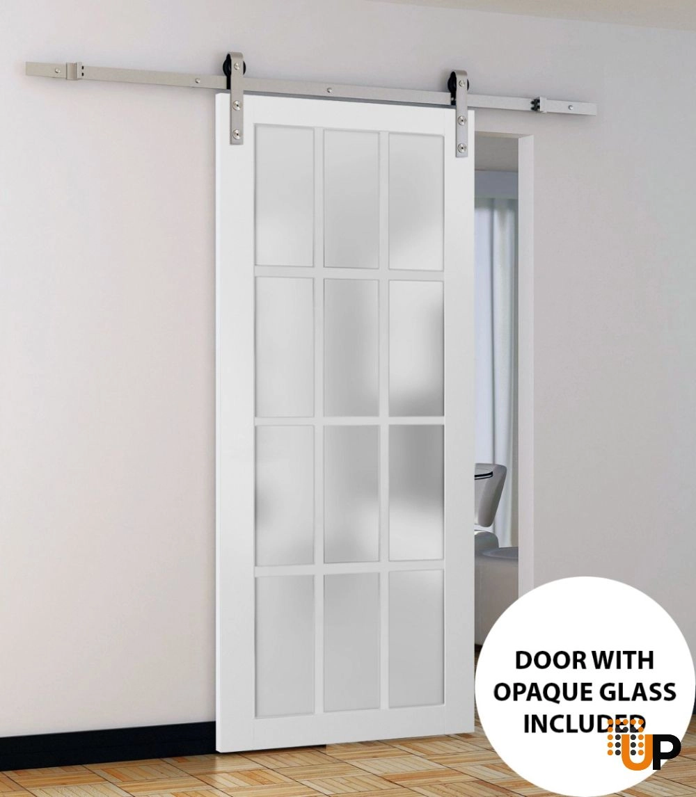 Single solid core sliding classic interior barn door with frosted glass | Felicia 3312 White | 18 x 80 photo#2