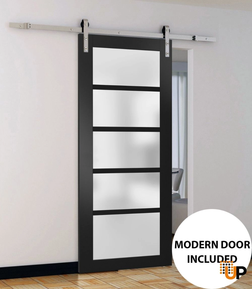 Single mdf sliding luxury interior barn door with frosted glass | Quadro 4002  Black Matte | 18 x 80 photo#2