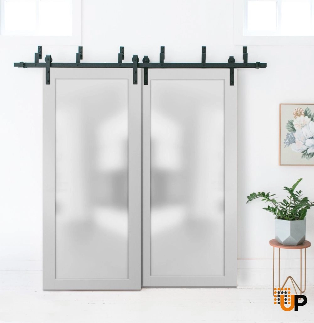 Double solid core sliding luxury interior barn bypass door with frosted glass | Planum 2102 White | 36 x 80 (2* 18x80) photo#2