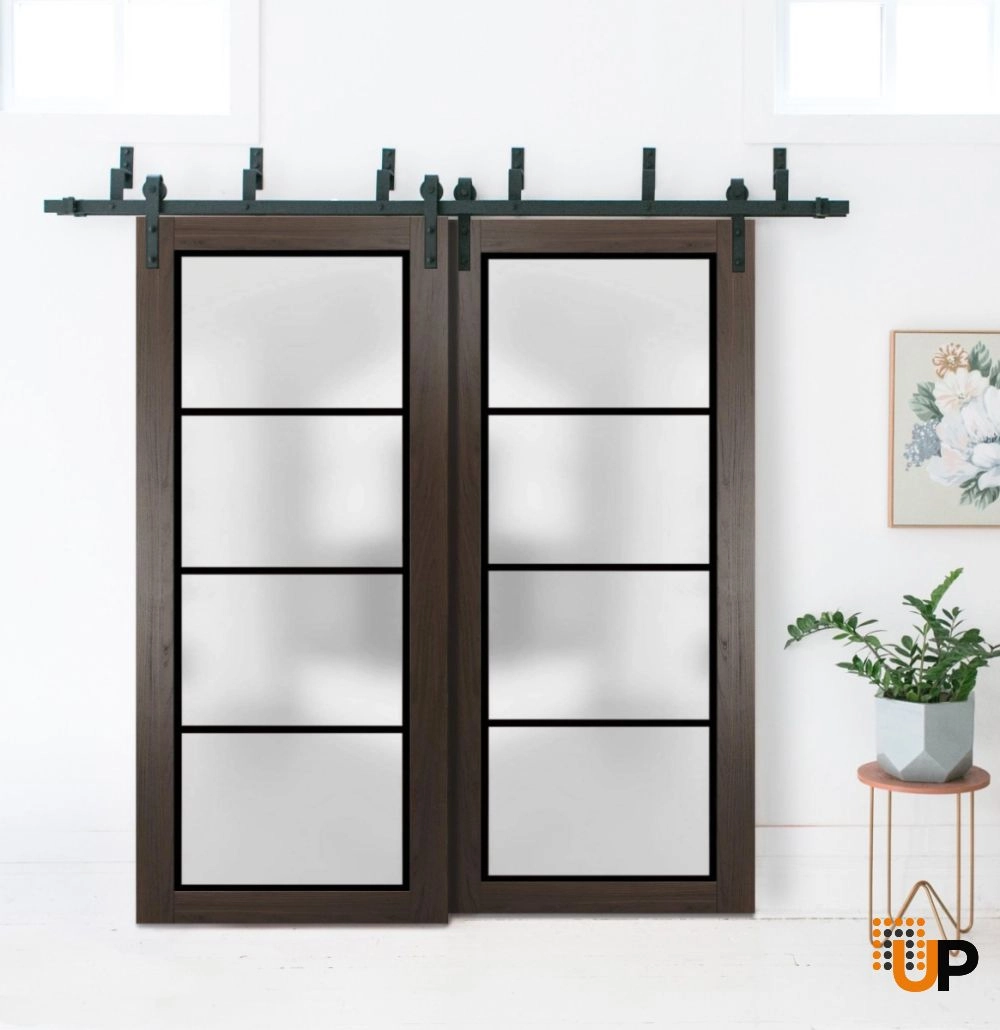 Double solid core sliding luxury interior barn bypass door with frosted glass | Planum 2132 Chocolate Ash | 36 x 80 (2* 18x80) photo#2