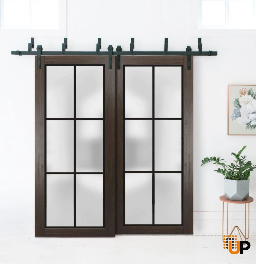 Double solid core sliding luxury interior barn bypass door with frosted glass | Planum 2122 Chocolate Ash | 36 x 80 (2* 18x80) photo#2