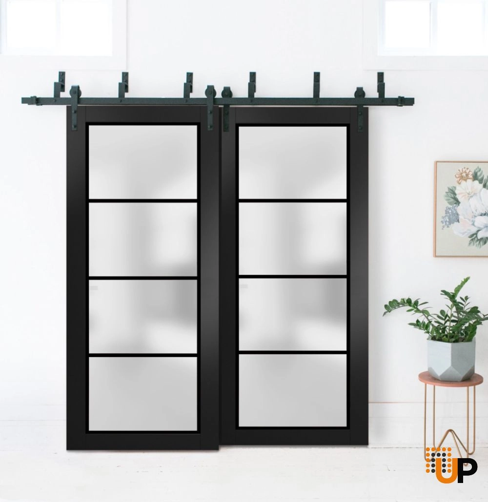 Double solid core sliding luxury interior barn bypass door with frosted glass | Planum 2132 Black Matte | 36 x 80 (2* 18x80) photo#2