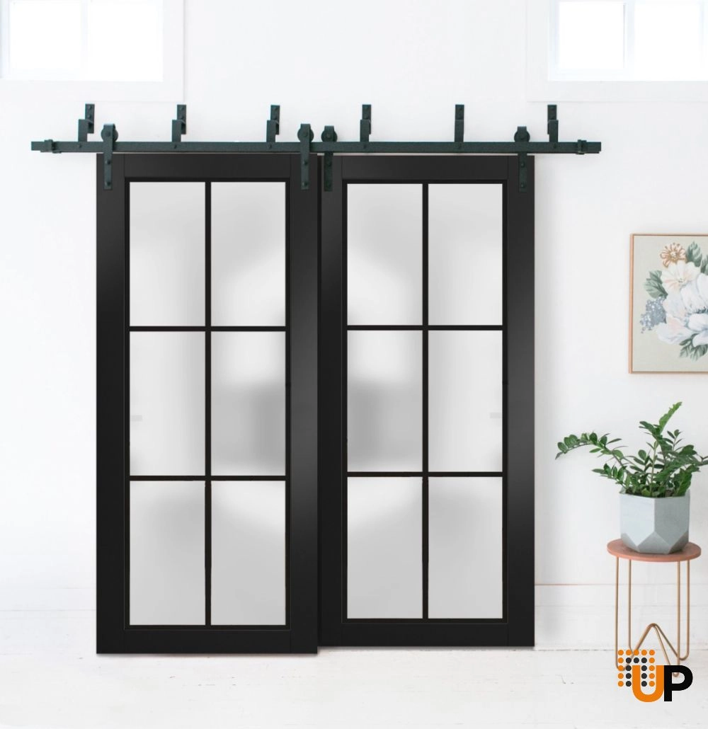Single solid core luxury interior door slab with frosted glass | Planum 2122 Black Matte | 18 x 80 photo#2