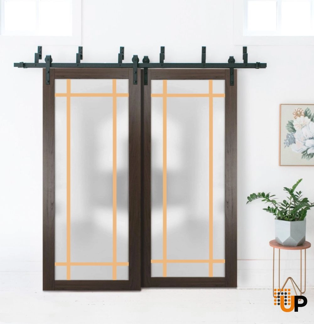Double solid core sliding luxury interior barn bypass door with frosted glass | Planum 2113 Chocolate Ash | 36 x 80 (2* 18x80) photo#2