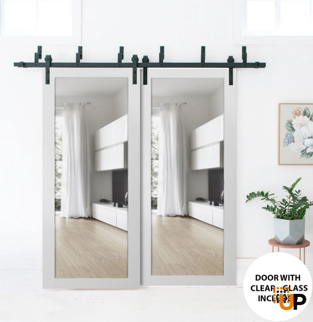 Double solid core sliding luxury interior barn bypass door with clear glass | Lucia 2166 White | 36 x 80 (2* 18x80) photo#2