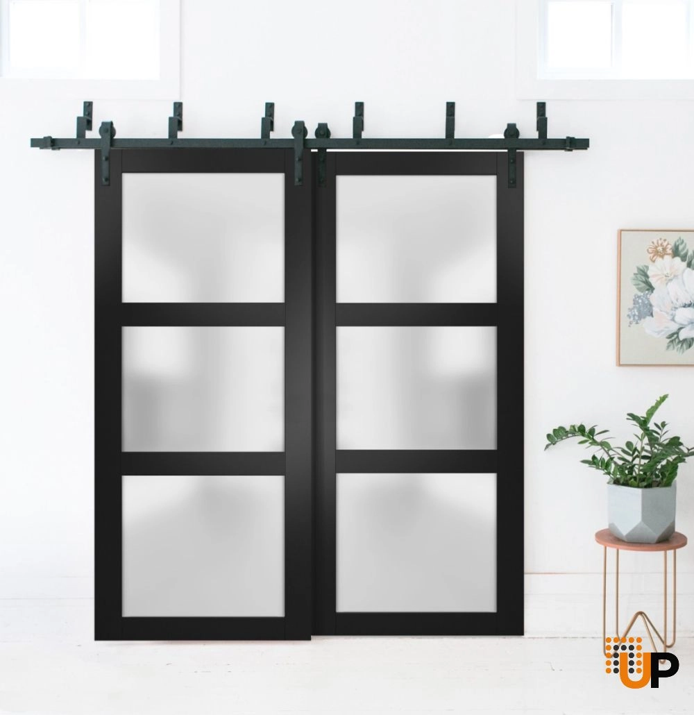 Double solid core sliding luxury interior barn bypass door with frosted glass | Lucia 2552 Black Matte | 64 x 80 (2* 32x80) photo#2